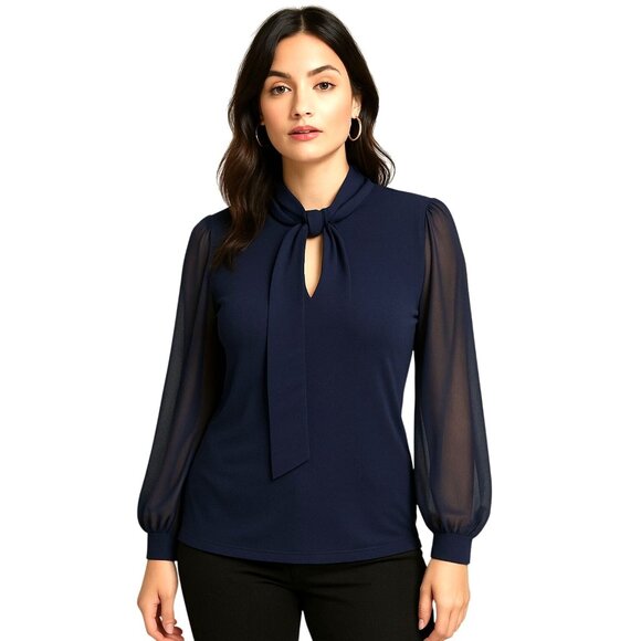 Adele May Navy Blouse Large Sheer Sleeve Tie Neck Keyhole Romantic Soft Glam - Picture 3 of 10